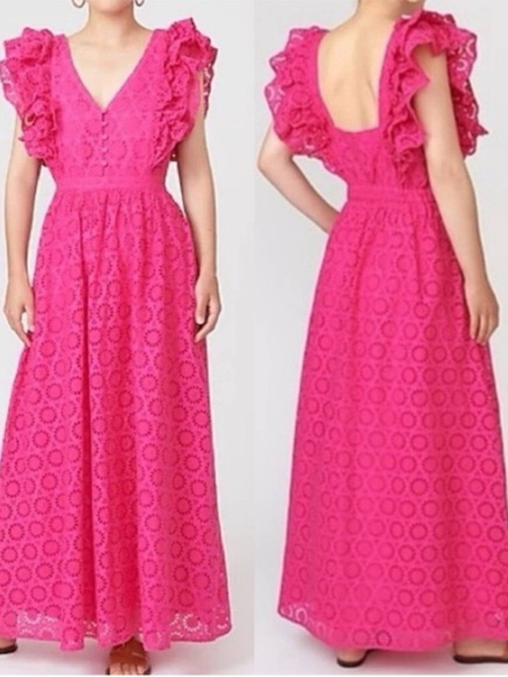 J. Crew Pink Eyelet Ruffle-Sleeve Maxi Dress